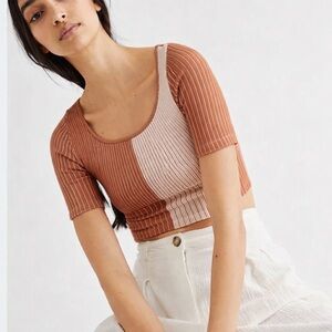 Free People Ribbed Colorblock Crop Top in Rust and Cream